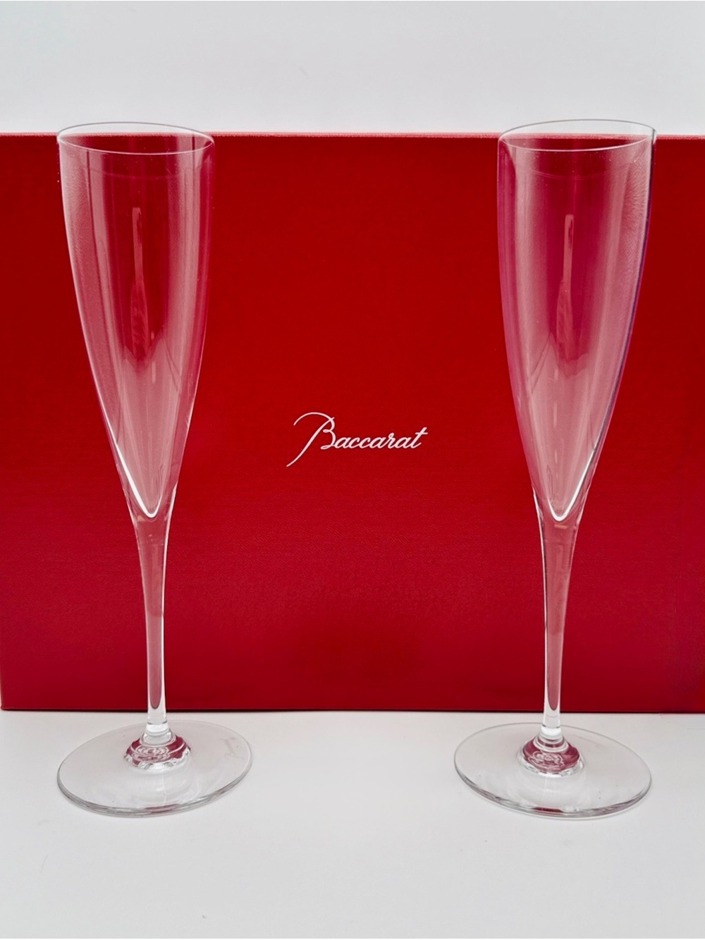 Baccarat Crystal Champagne Flutes with Red Signature Box